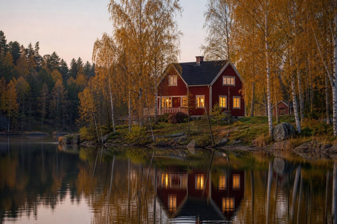 Rött trähus vid en sjö i höstlandskap med björkar och tända fönster i skymningen